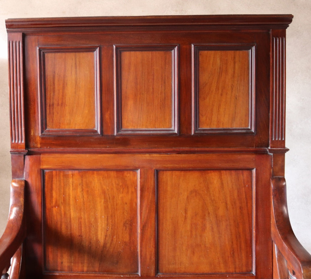 Antique Victorian Mahogany Hall Settle Bench with Panelled High Back c.1890