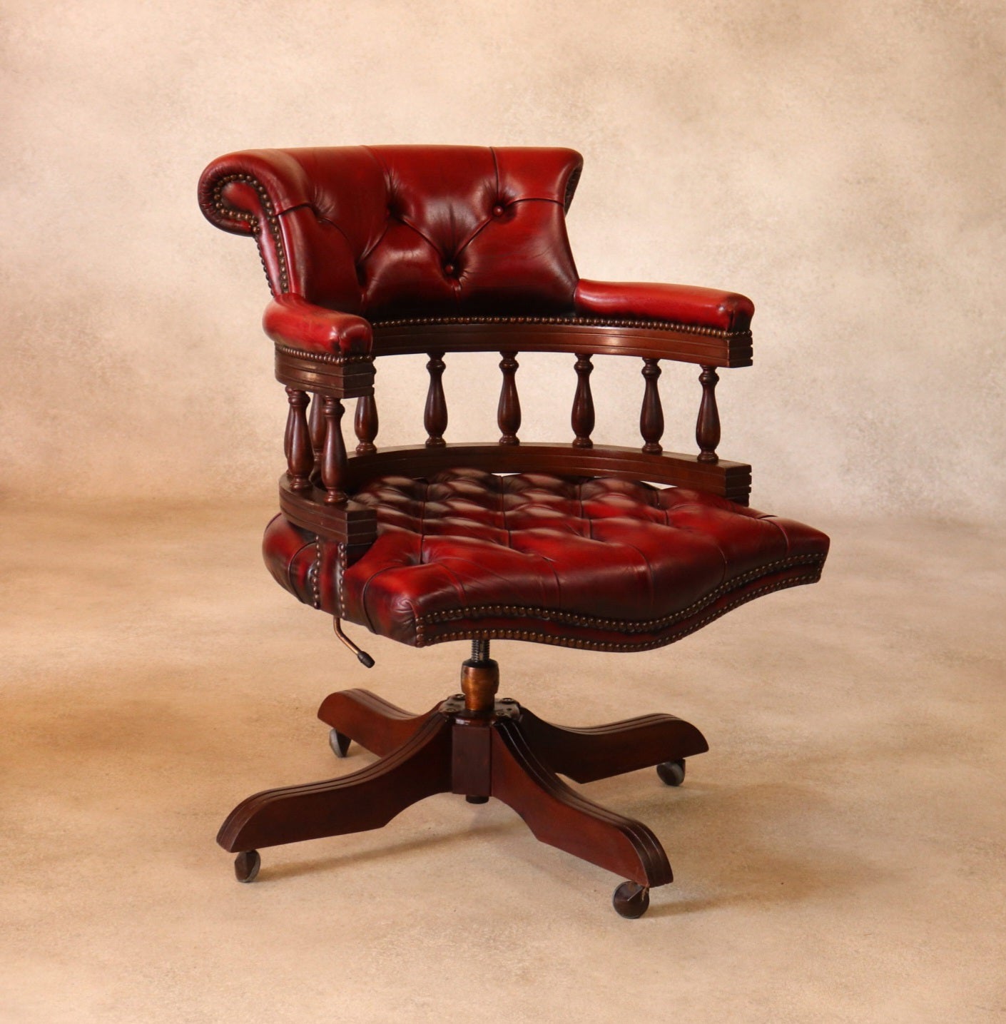 Vintage Red Leather Chesterfield Captains Chair Swivel Office Desk Chair