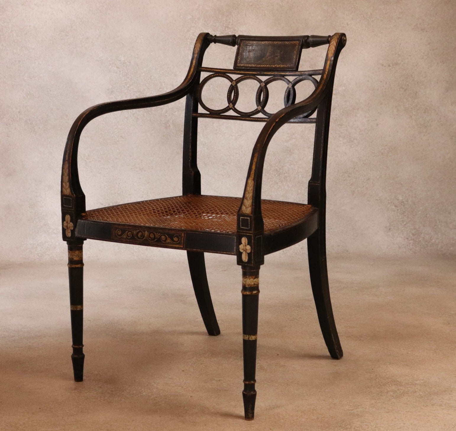 Antique Regency Ebonised parcel-Gilt Painted Elbow Chair Cane Seat Armchair