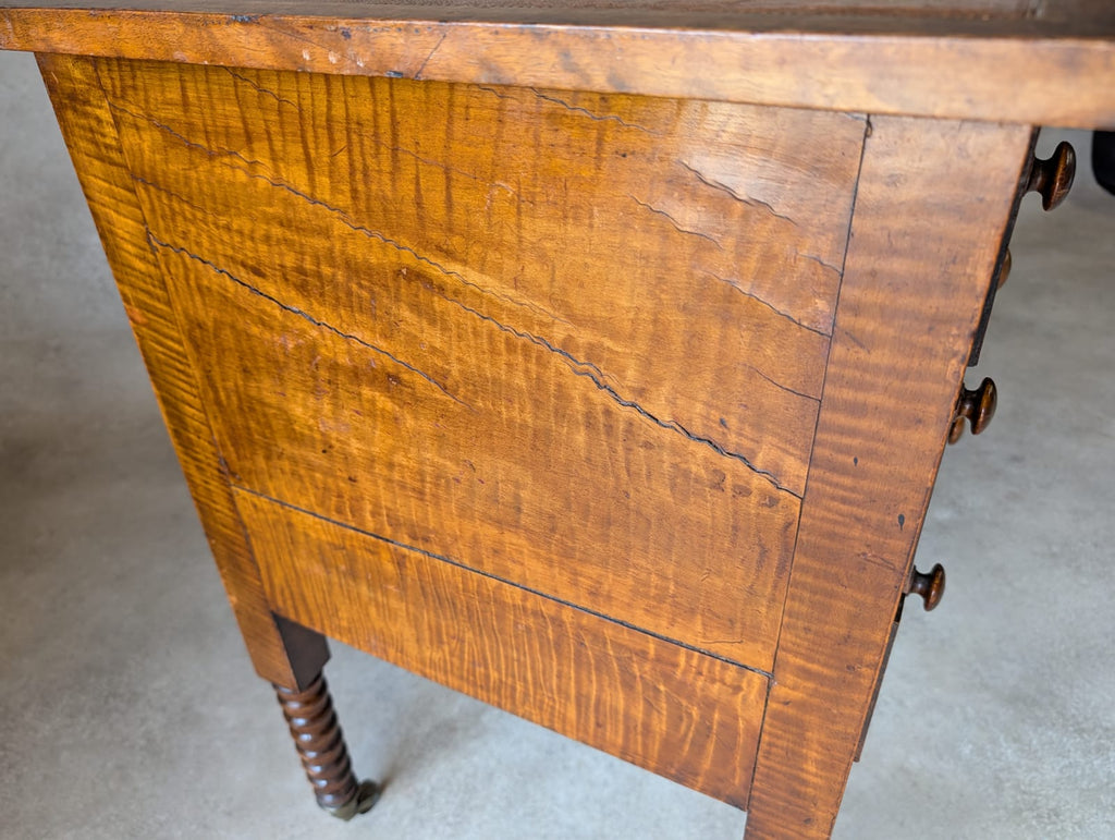 Antique Victorian Burr Walnut & Fiddleback Kneehole Desk With Bobbin Legs c.1890