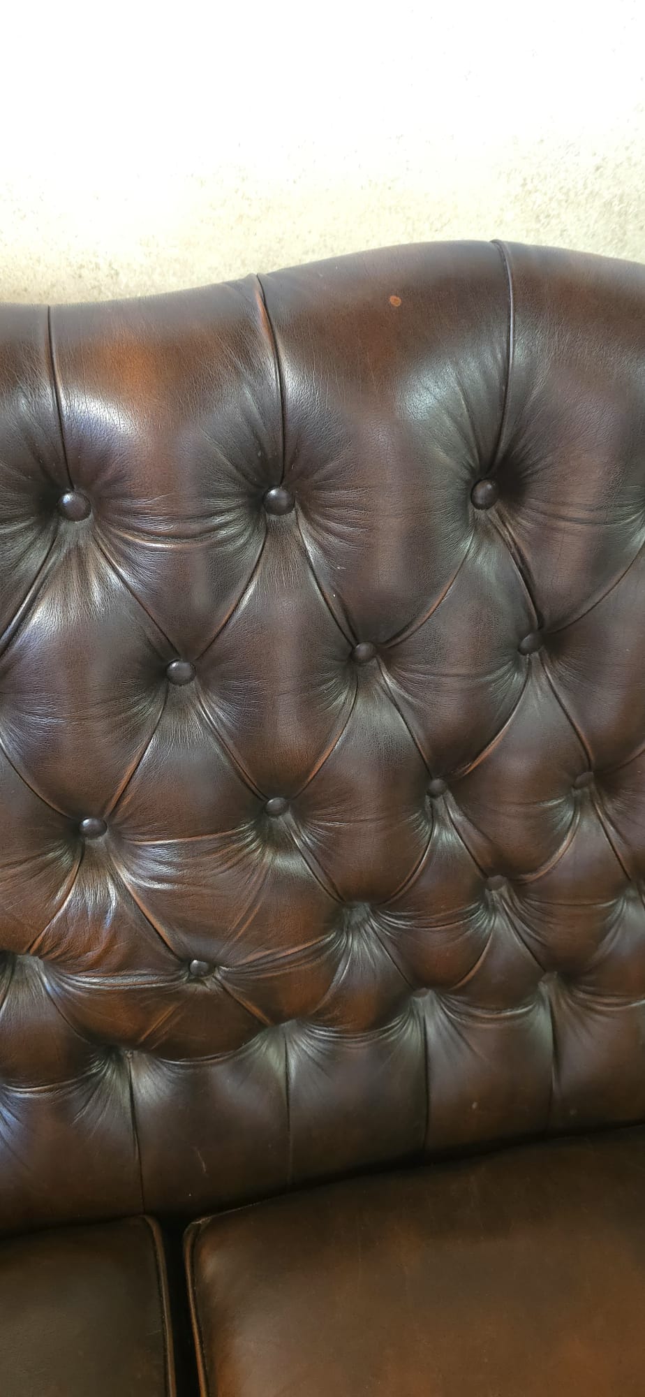 Vintage Queen Anne Style High Back Brown Leather Chesterfield Sofa