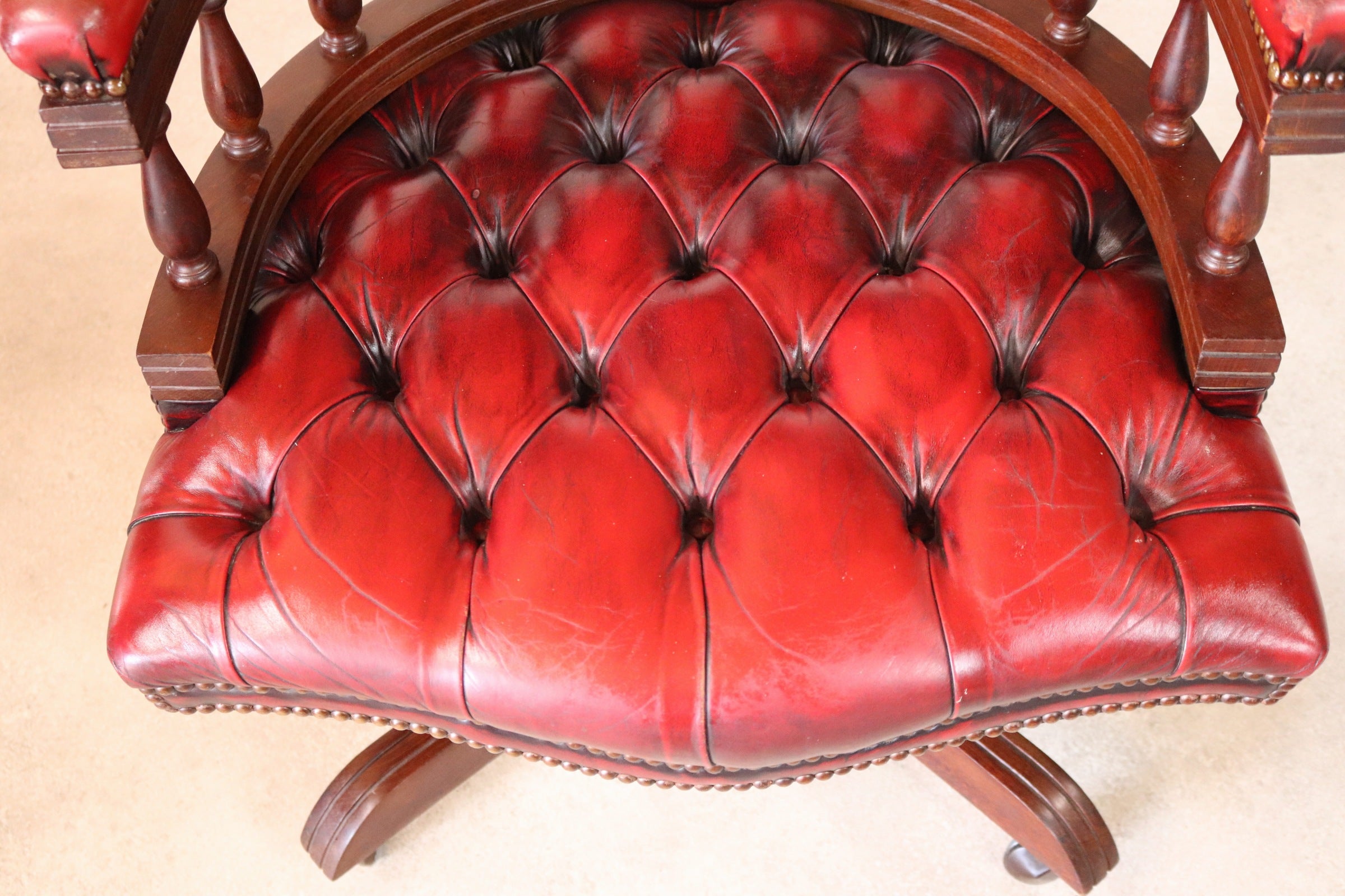 Vintage Red Leather Chesterfield Captains Chair Swivel Office Desk Chair