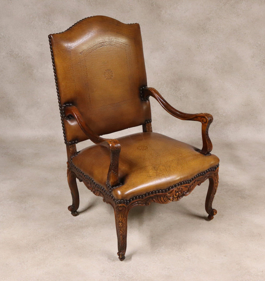Vintage French Louis XV Style Carved Beechwood Fauteuil Tooled Leather Armchair