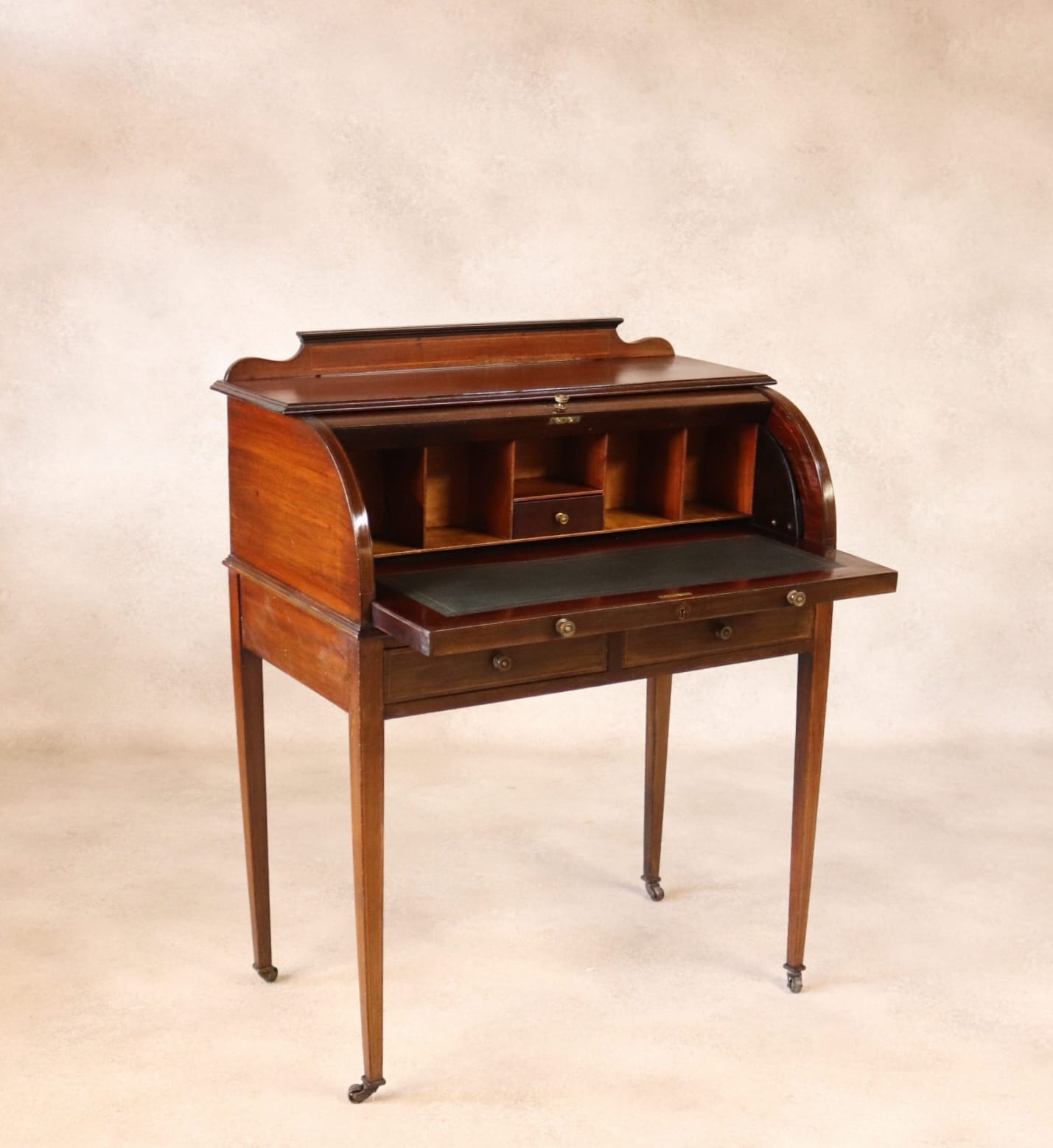 Antique Edwardian Mahogany Cylinder Bureau Desk - Sheraton Style - Circa 1900