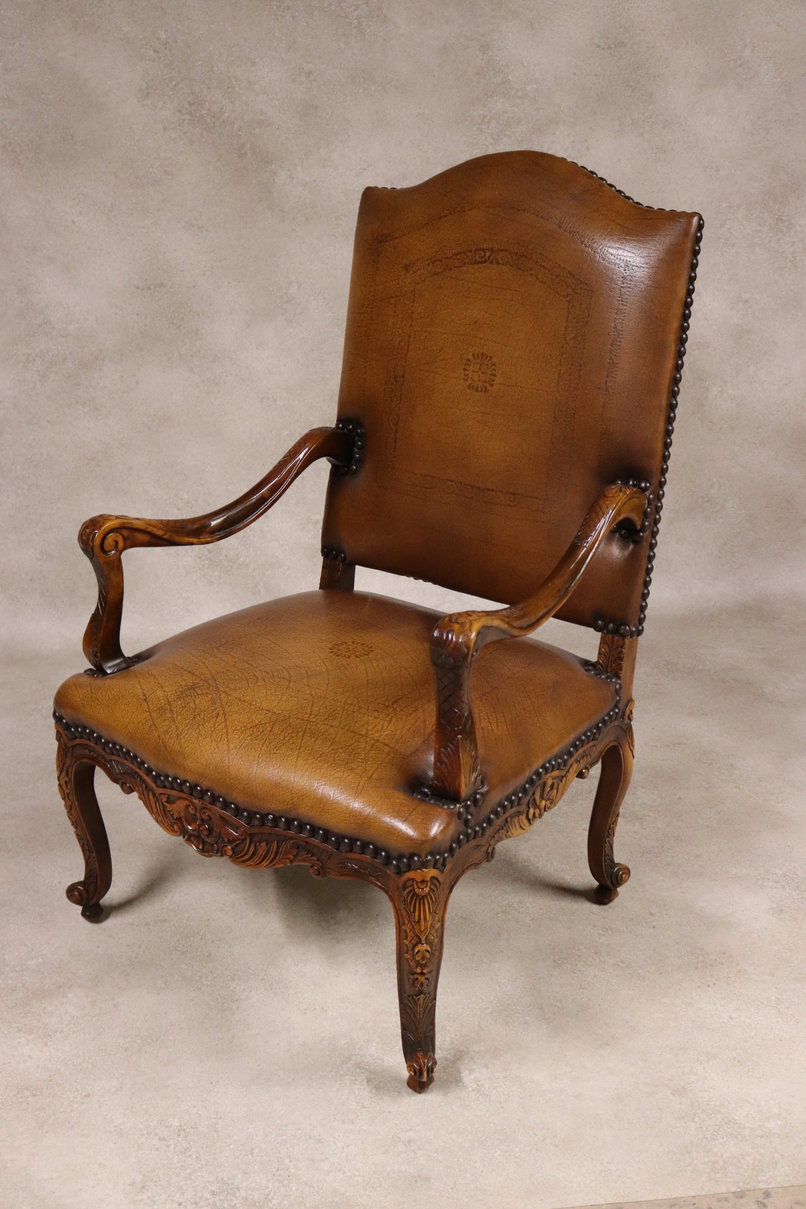 Vintage French Louis XV Style Carved Beechwood Fauteuil Tooled Leather Armchair