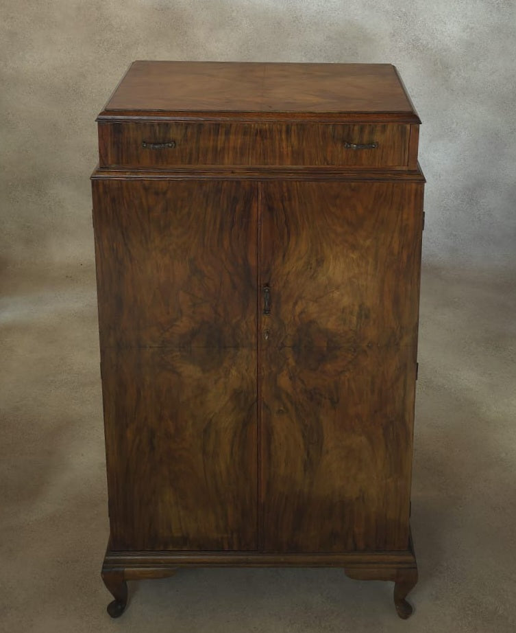 Vintage Art Deco Burr Walnut Compactum Tallboy 1930s Linen Cabinet