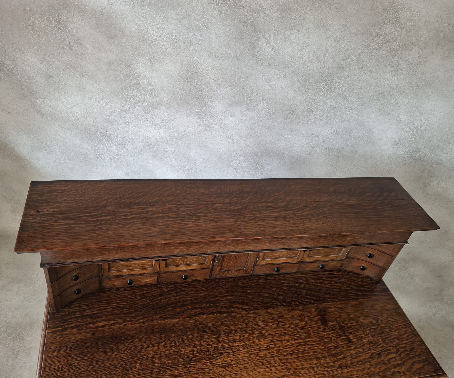 Large Antique Edwardian Jacobean Revival Oak Pedestal Desk - Gallery Top
