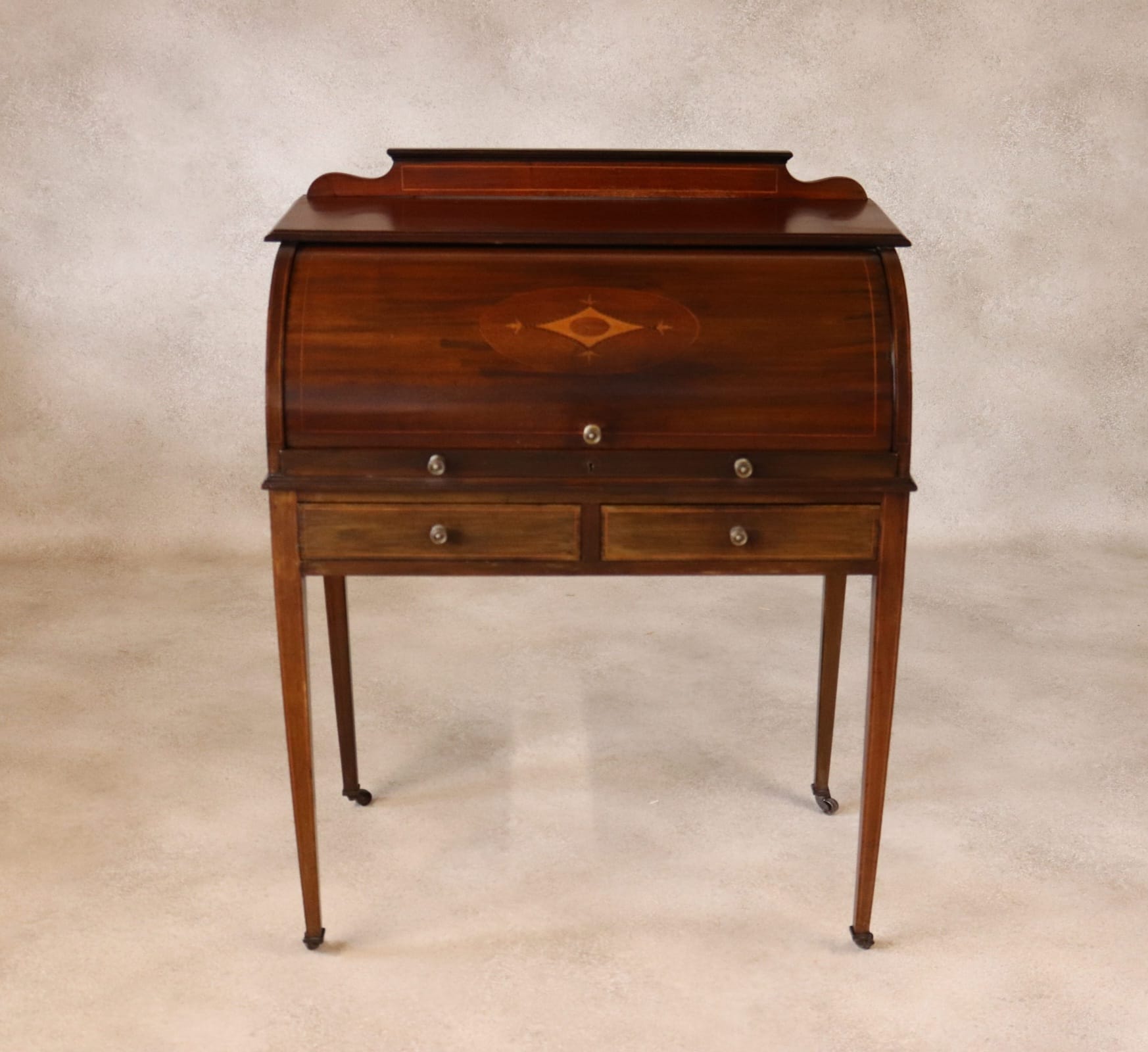 Antique Edwardian Mahogany Cylinder Bureau Desk - Sheraton Style - Circa 1900