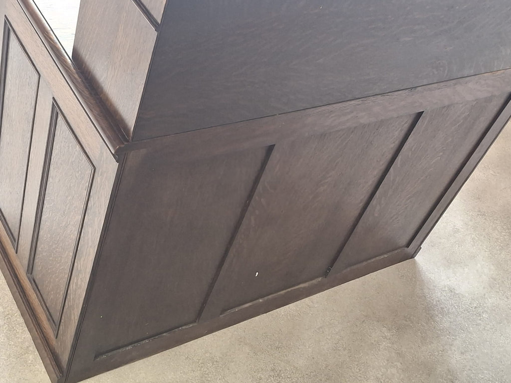Large Antique Edwardian Jacobean Revival Oak Pedestal Desk - Gallery Top