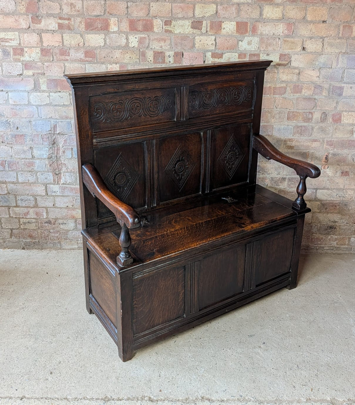 Antique Early 20th Century Carved Oak Hall Settle – Jacobean Revival Style Bench