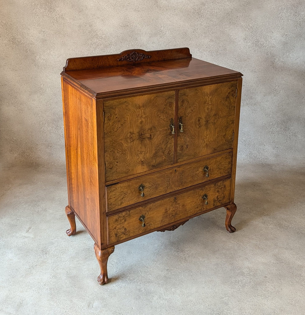 Vintage Art Deco Burr Walnut Linen Cupboard Queen Anne Style Tallboy 1930s