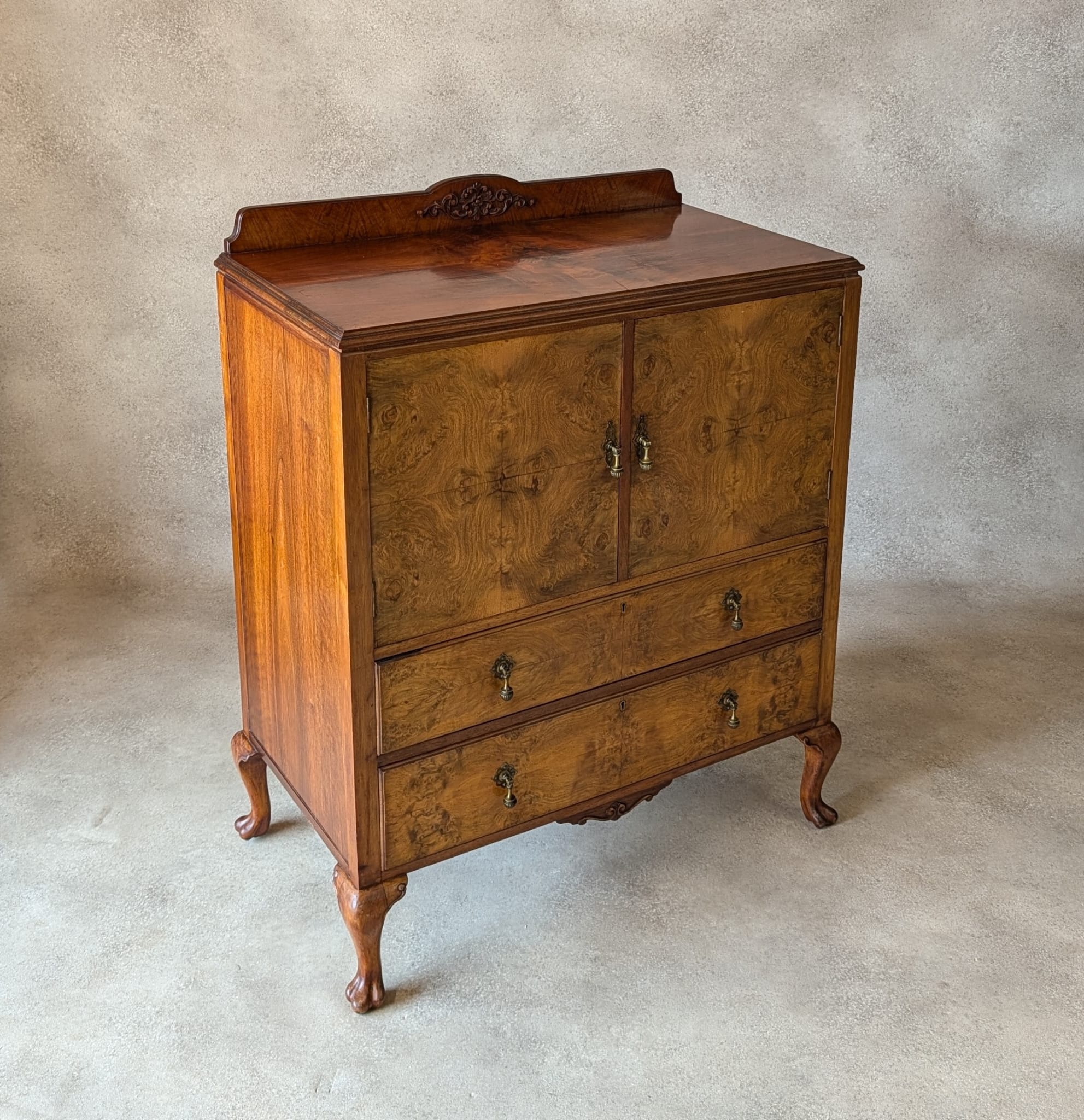 Vintage Art Deco Burr Walnut Linen Cupboard Queen Anne Style Tallboy 1930s