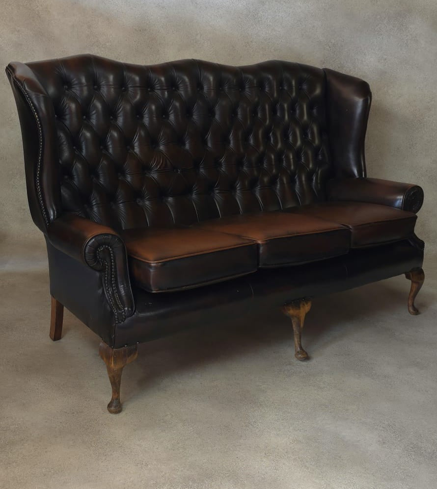 Vintage Queen Anne Style High Back Brown Leather Chesterfield Sofa