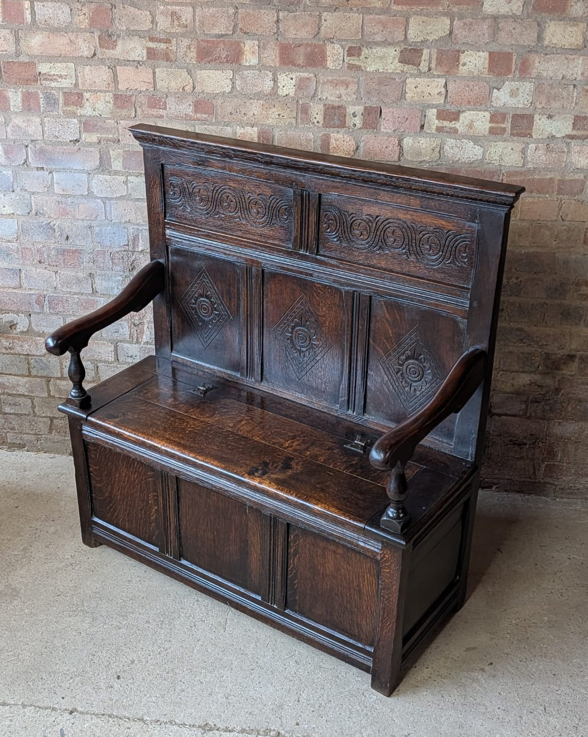 Antique Early 20th Century Carved Oak Hall Settle – Jacobean Revival Style Bench