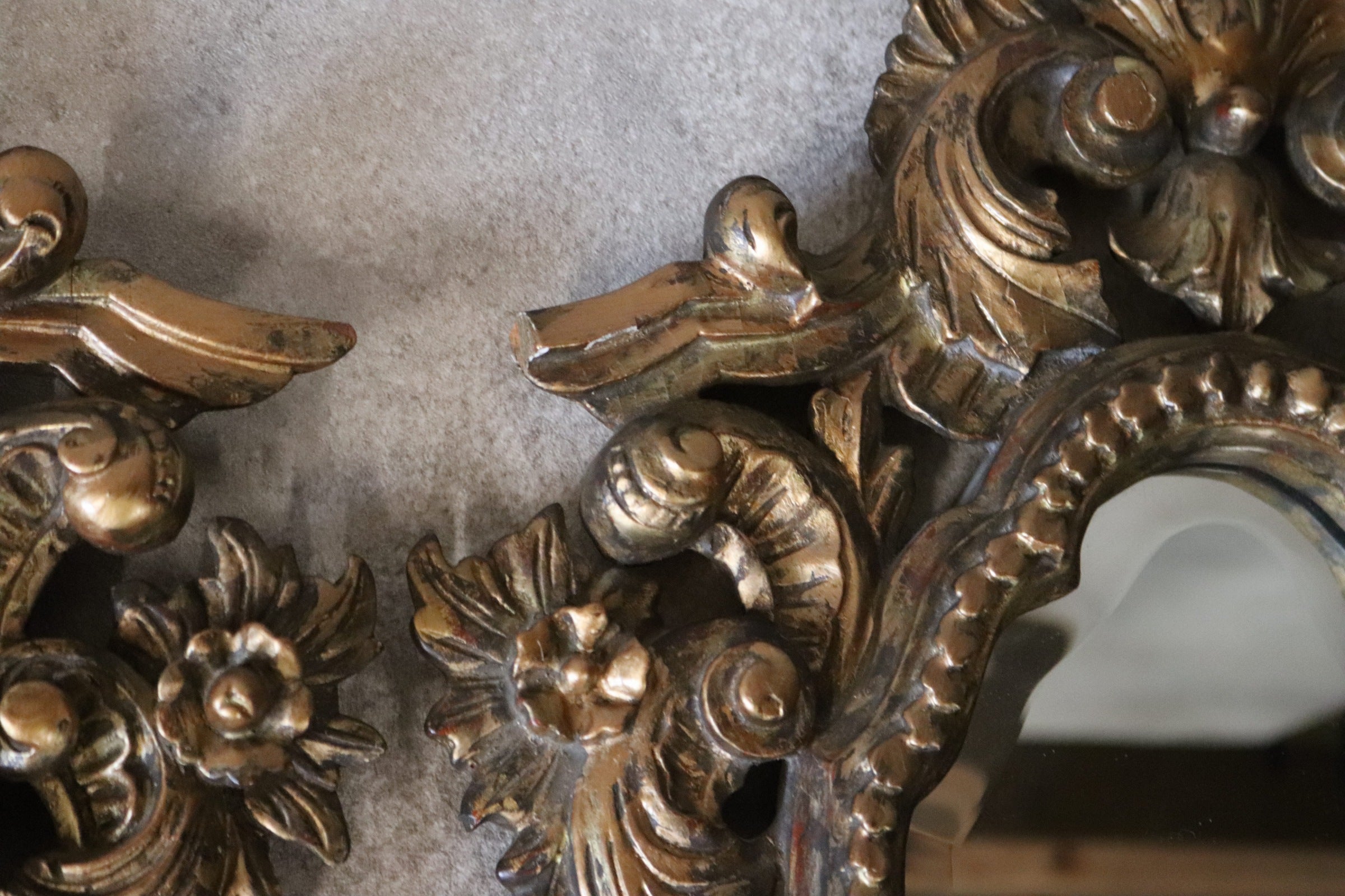 Pair Vintage Rococo Style Ornate Gilt Wall Sconce Mirrors Carved Wood Girandole