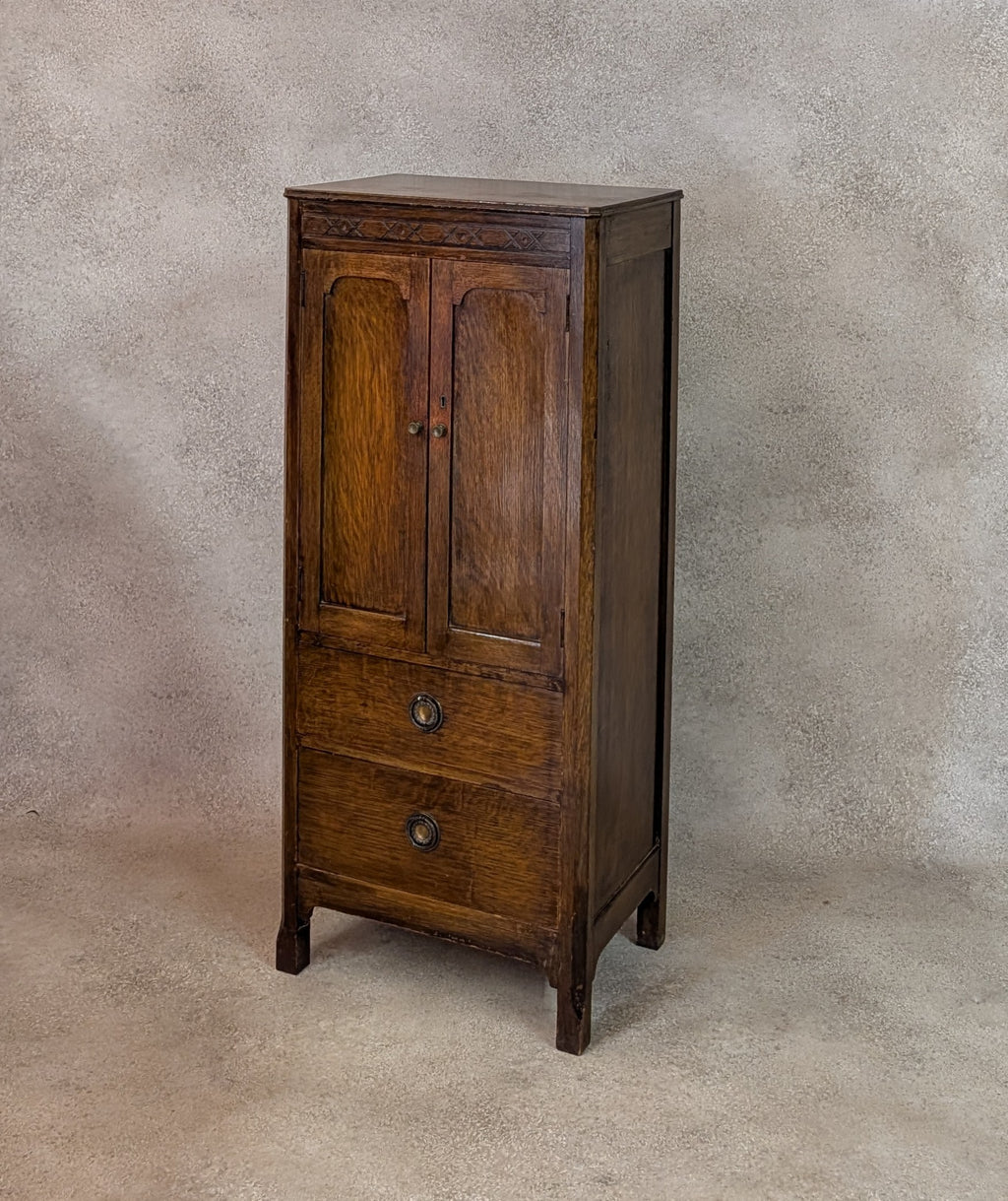 Vintage Oak Hall Cupboard 1930s Jacobean Revival Cupboard Compact Oak Cabinet