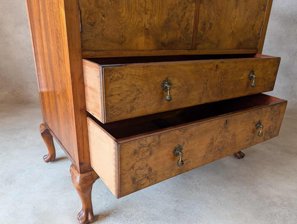Vintage Art Deco Burr Walnut Linen Cupboard Queen Anne Style Tallboy 1930s
