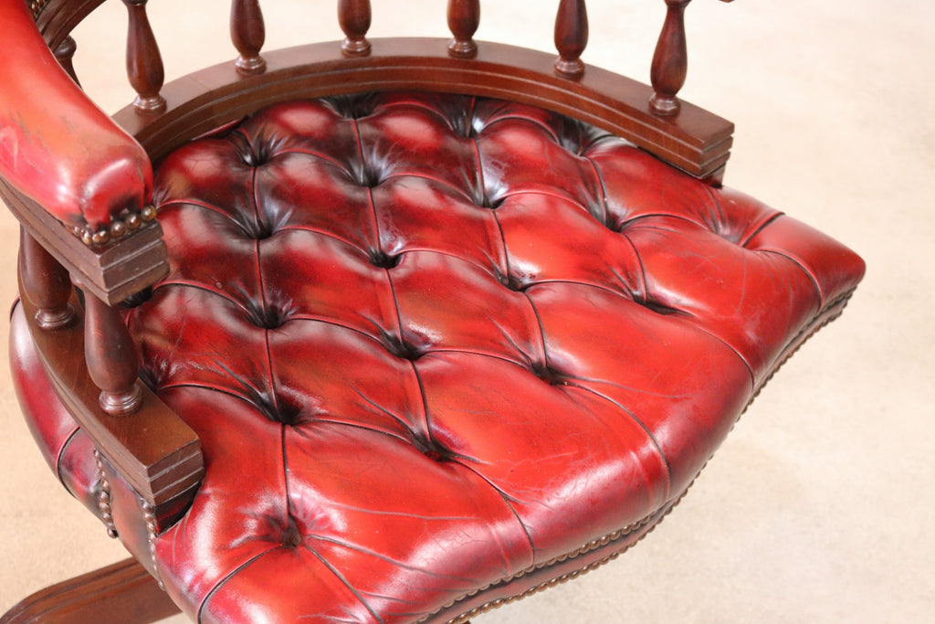 Vintage Red Leather Chesterfield Captains Chair Swivel Office Desk Chair