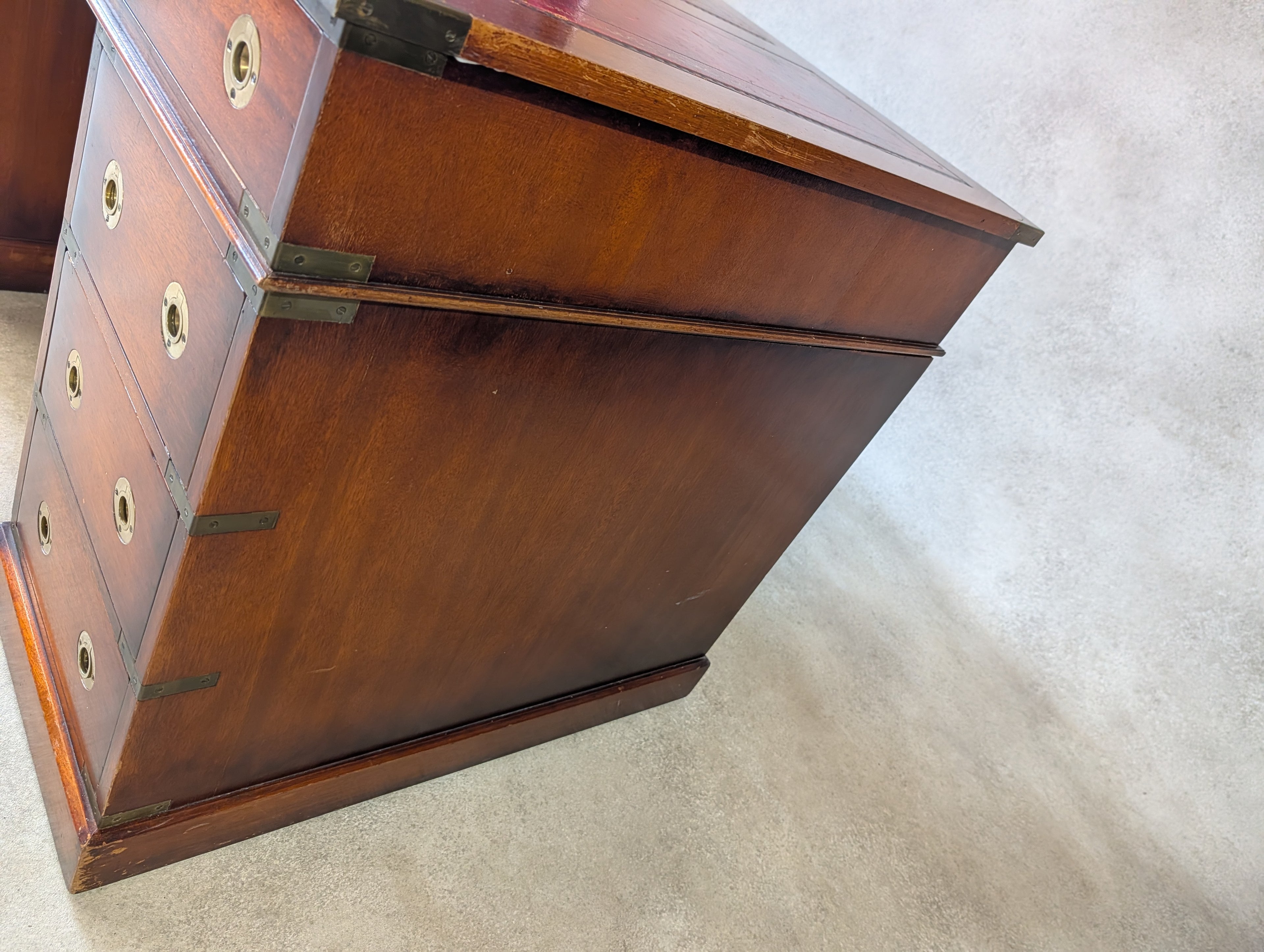 Vintage Red Leather Top Desk Campaign Military Style Mahogany Writing Desk