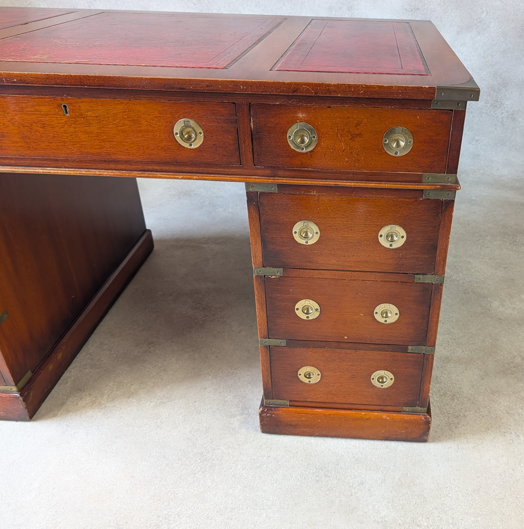 Vintage Red Leather Top Desk Campaign Military Style Mahogany Writing Desk