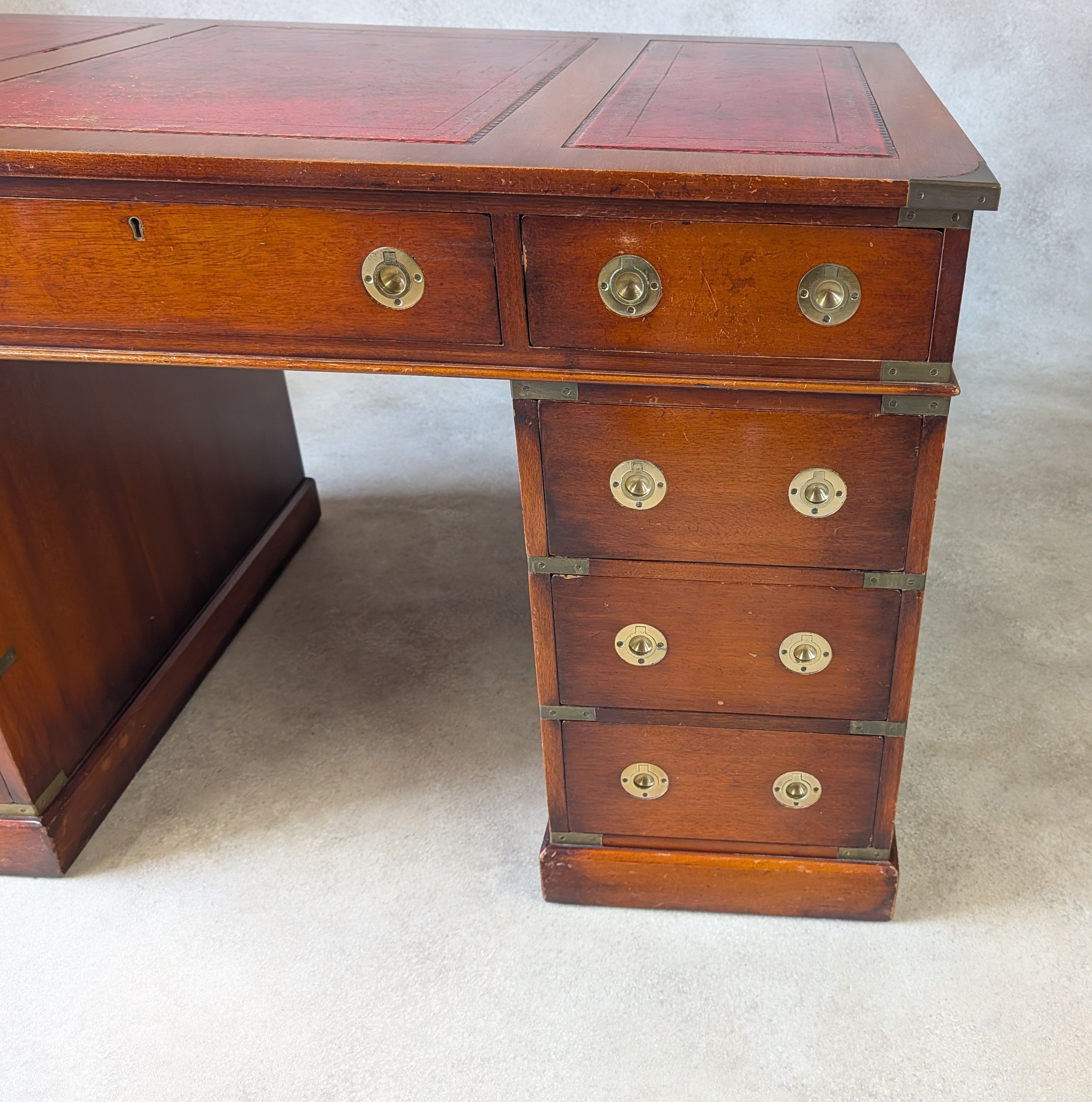 Vintage Red Leather Top Desk Campaign Military Style Mahogany Writing Desk