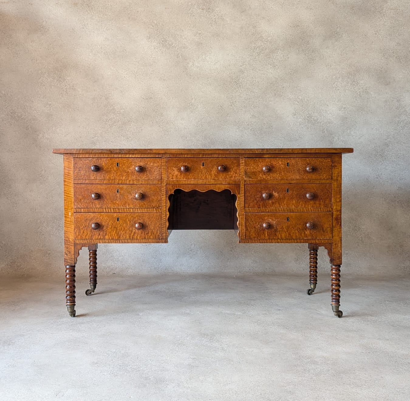Antique Victorian Burr Walnut & Fiddleback Kneehole Desk With Bobbin Legs c.1890