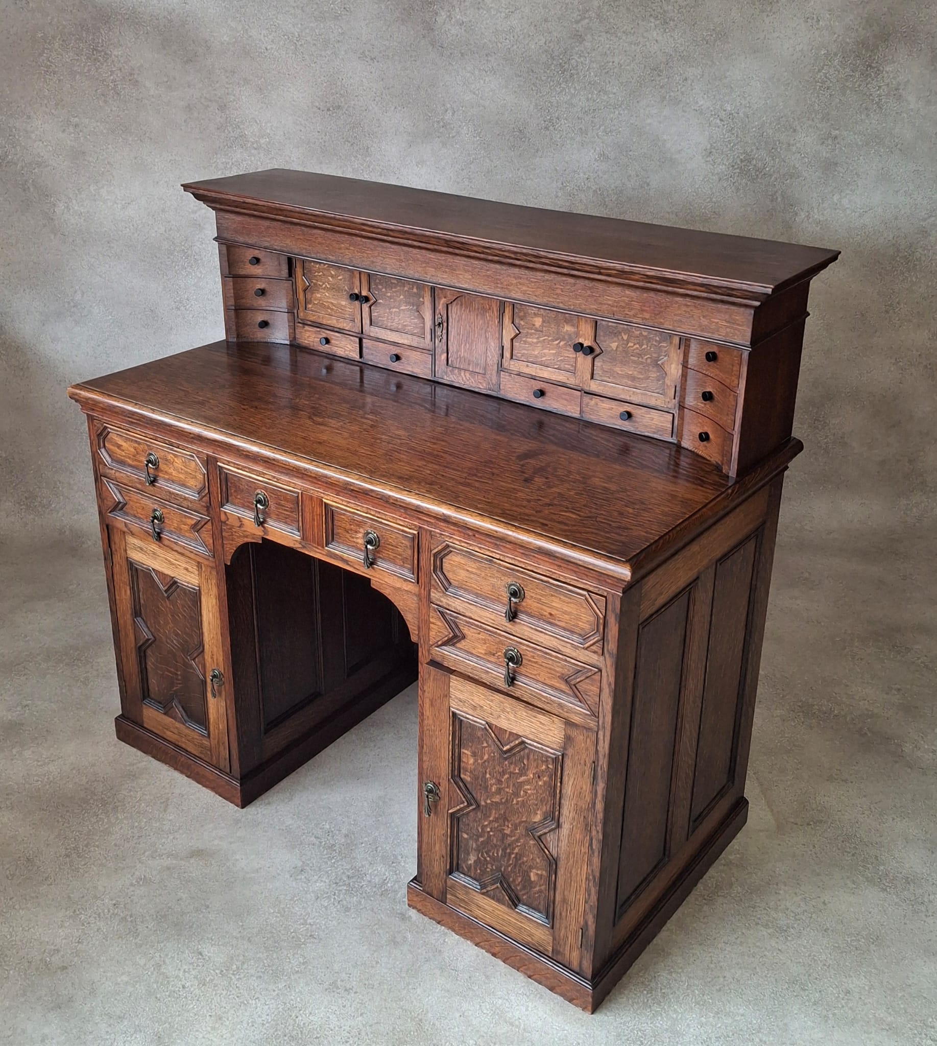 Large Antique Edwardian Jacobean Revival Oak Pedestal Desk - Gallery Top