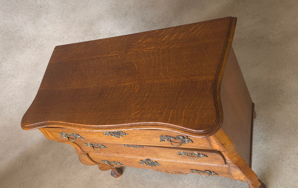 Small Oak Dutch Bombe Commode – Ornate Vintage Three-Drawer Chest