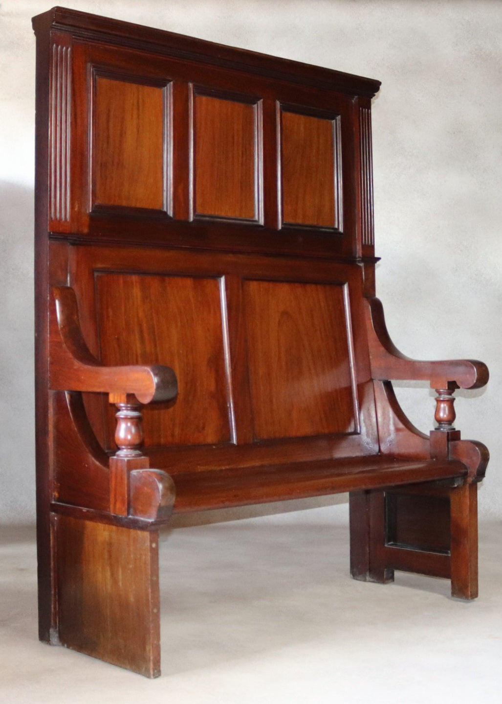 Antique Victorian Mahogany Hall Settle Bench with Panelled High Back c.1890