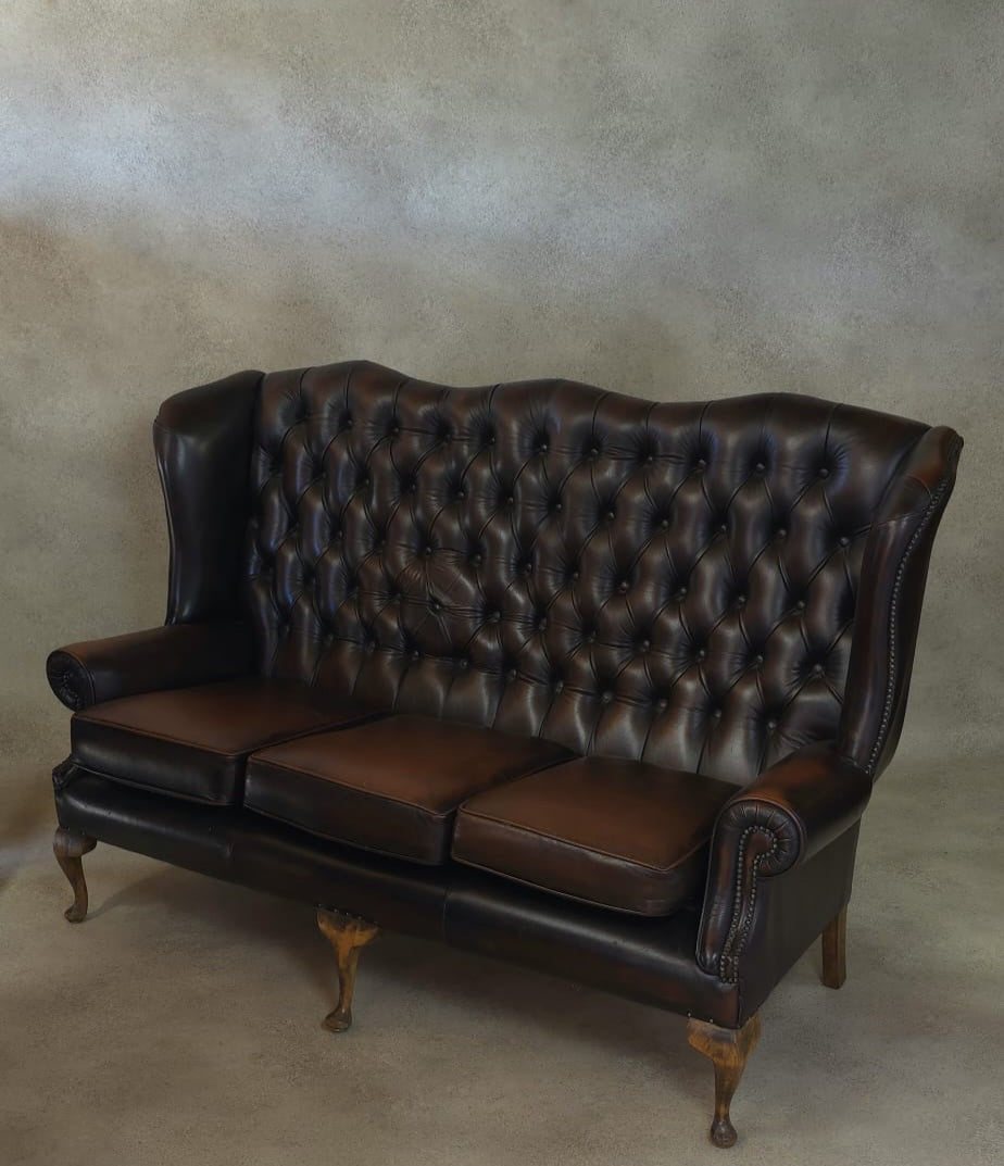 Vintage Queen Anne Style High Back Brown Leather Chesterfield Sofa