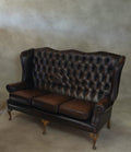Vintage Queen Anne Style High Back Brown Leather Chesterfield Sofa