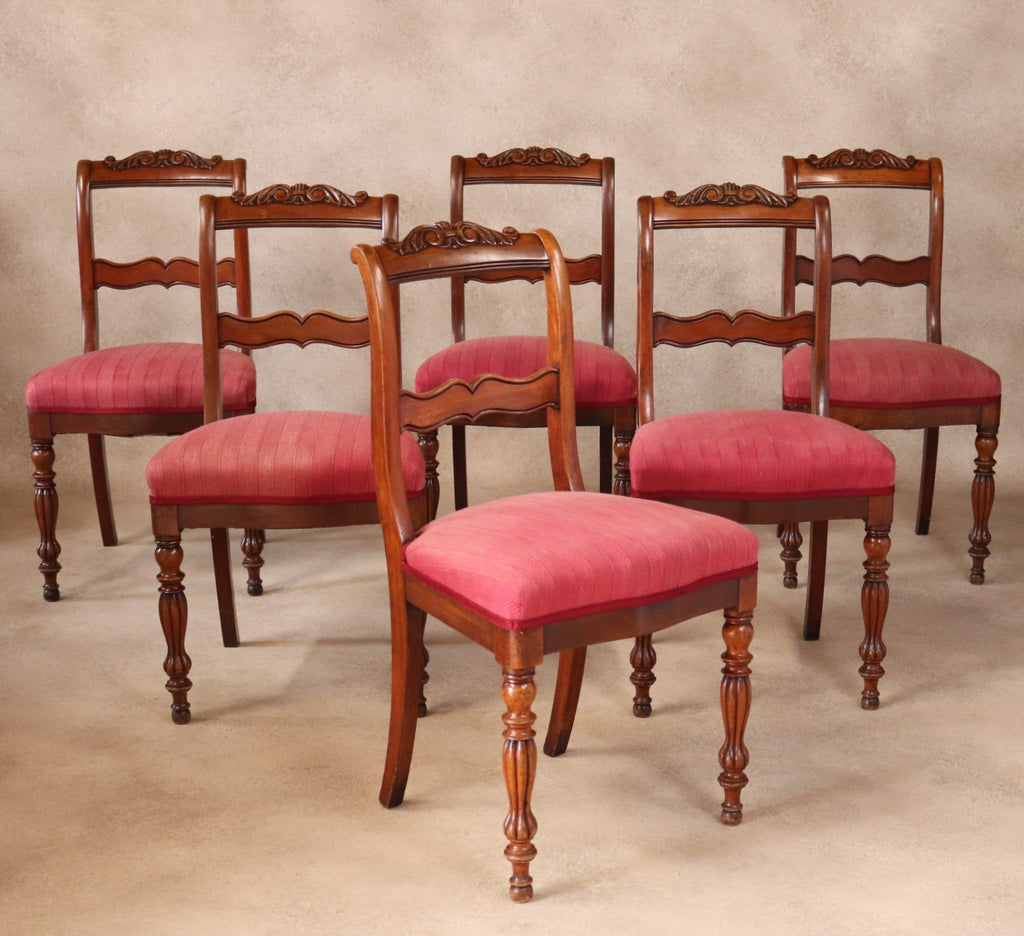Set of 6 Late Victorian Antique Walnut Dining Chairs with Carved Crest Rails