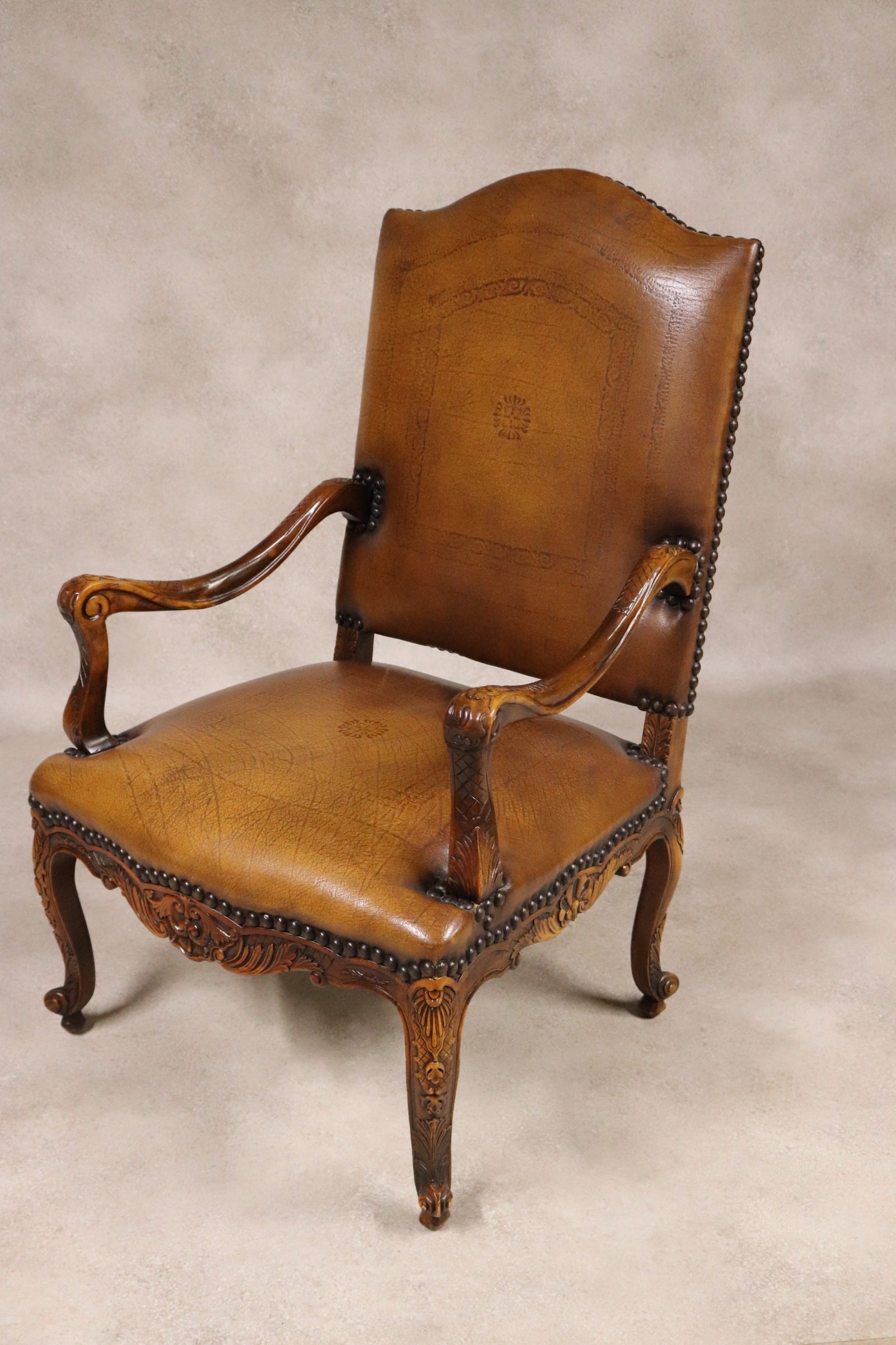 Vintage French Louis XV Style Carved Beechwood Fauteuil Tooled Leather Armchair