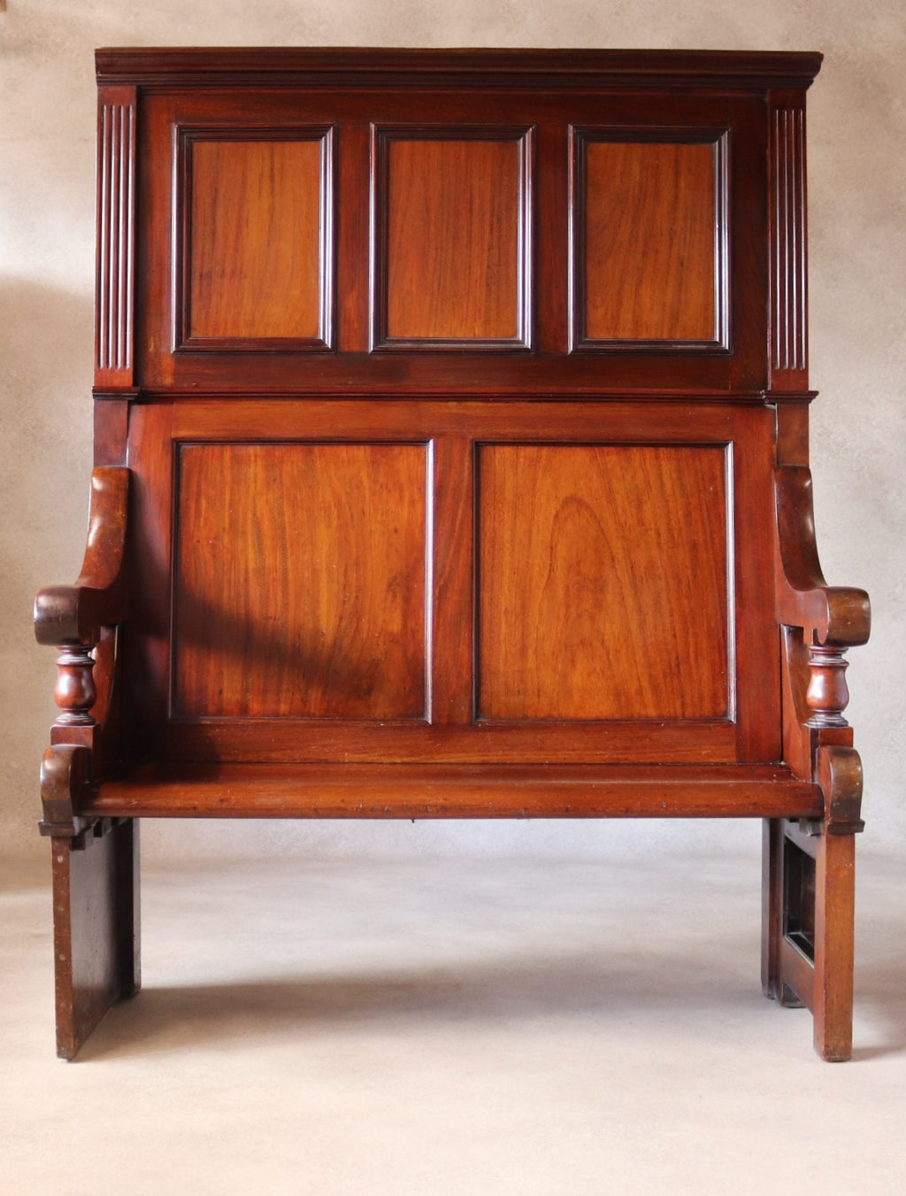 Antique Victorian Mahogany Hall Settle Bench with Panelled High Back c.1890