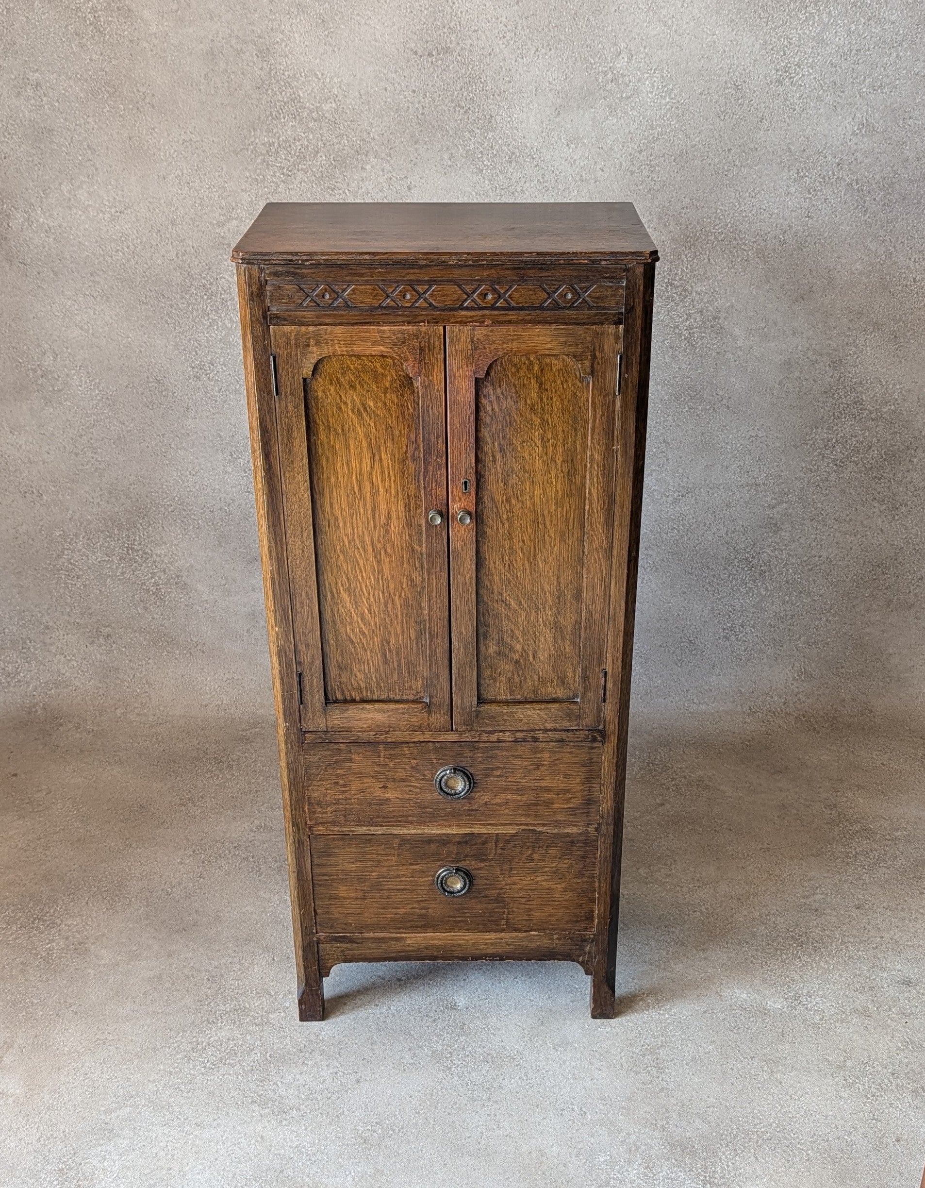 Vintage Oak Hall Cupboard 1930s Jacobean Revival Cupboard Compact Oak Cabinet
