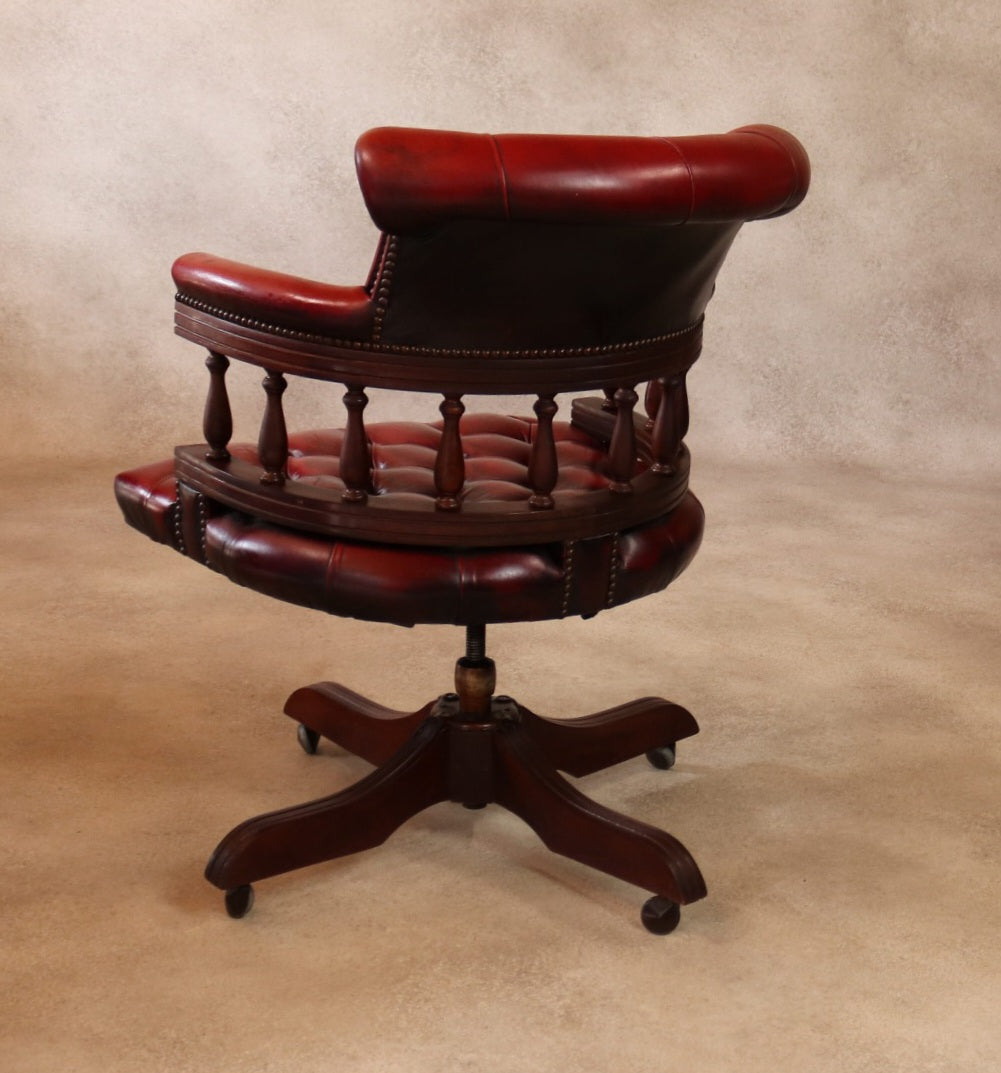 Vintage Red Leather Chesterfield Captains Chair Swivel Office Desk Chair