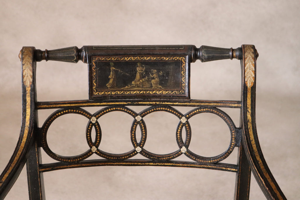 Antique Regency Ebonised parcel-Gilt Painted Elbow Chair Cane Seat Armchair