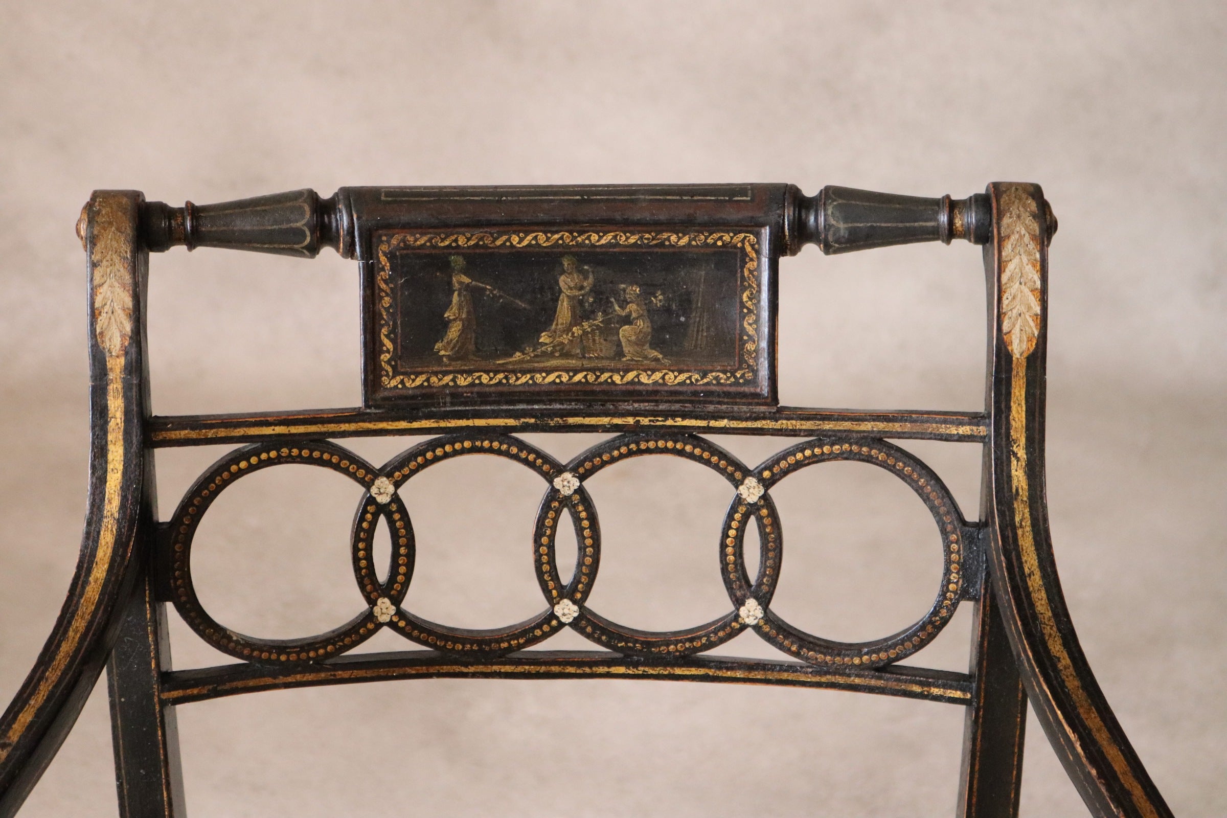 Antique Regency Ebonised parcel-Gilt Painted Elbow Chair Cane Seat Armchair
