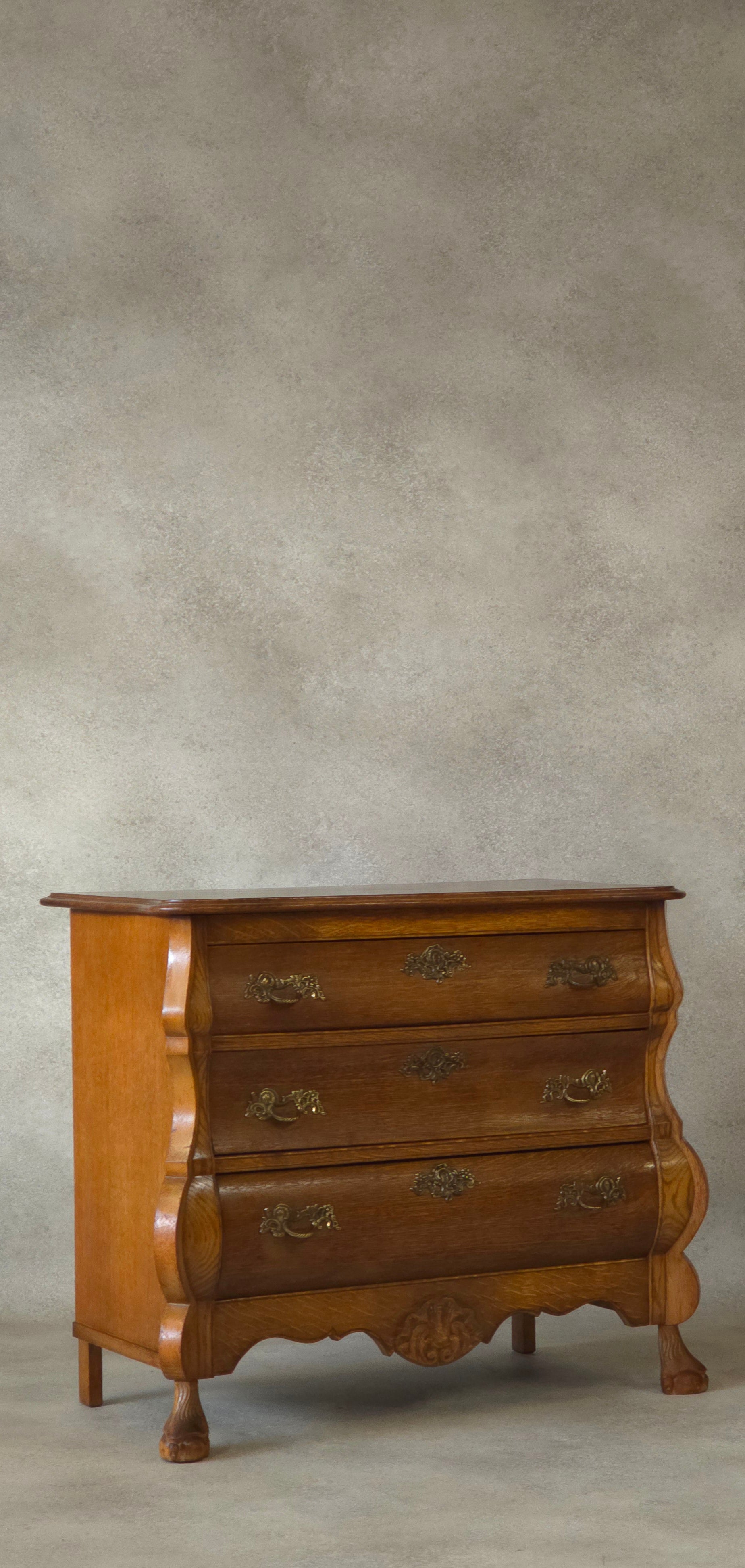 Small Oak Dutch Bombe Commode – Ornate Vintage Three-Drawer Chest