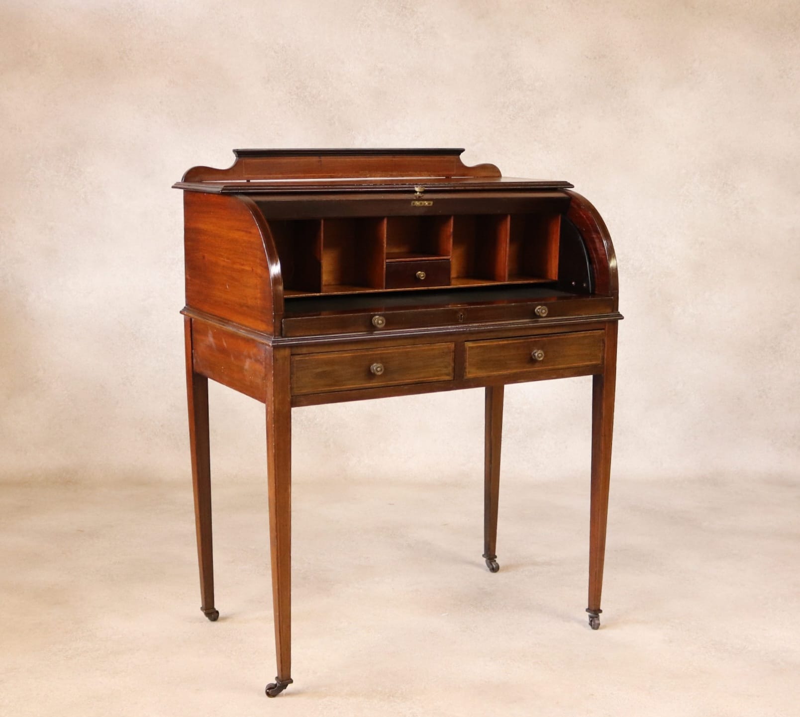 Antique Edwardian Mahogany Cylinder Bureau Desk - Sheraton Style - Circa 1900