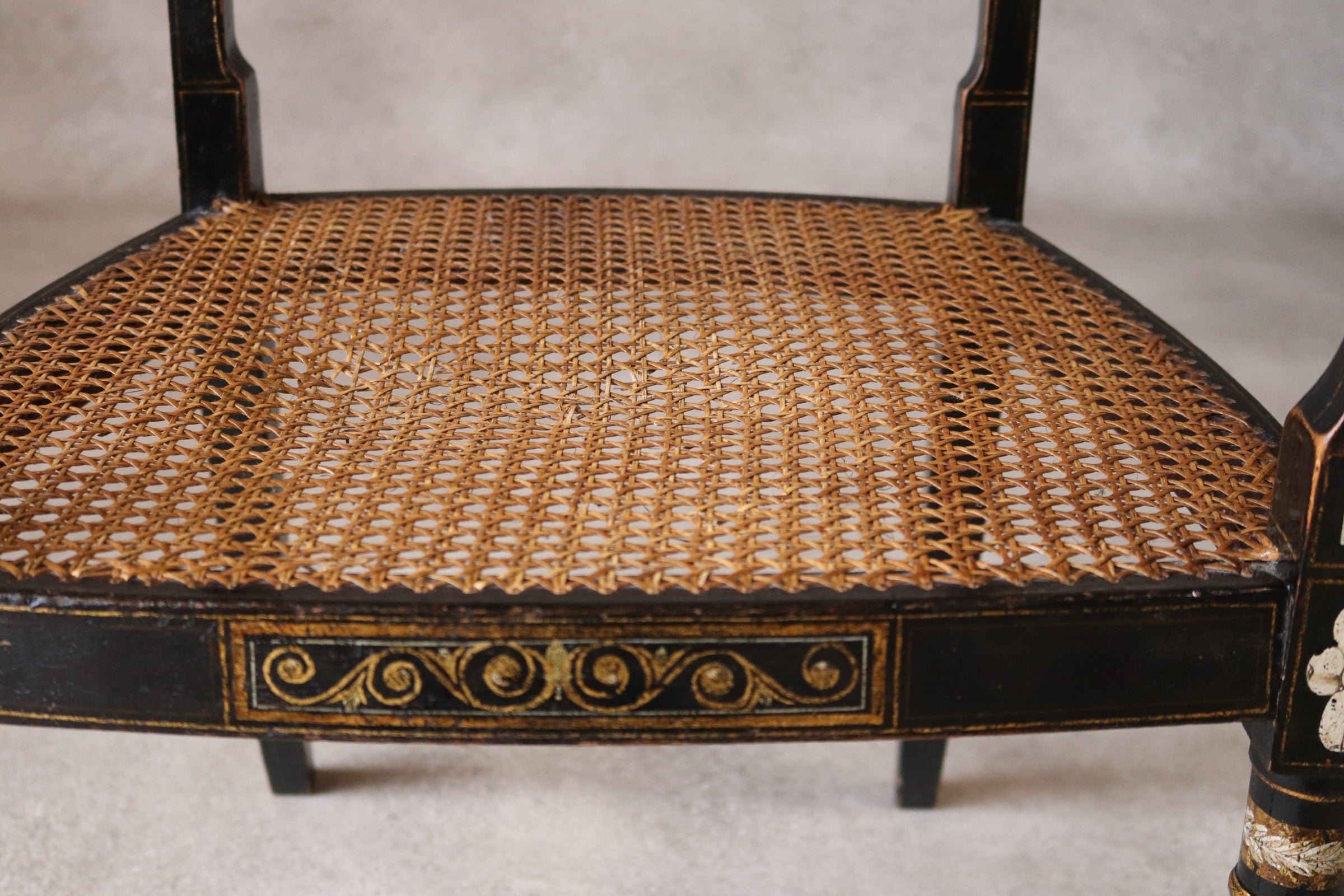 Antique Regency Ebonised parcel-Gilt Painted Elbow Chair Cane Seat Armchair