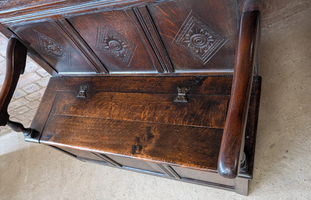 Antique Early 20th Century Carved Oak Hall Settle – Jacobean Revival Style Bench