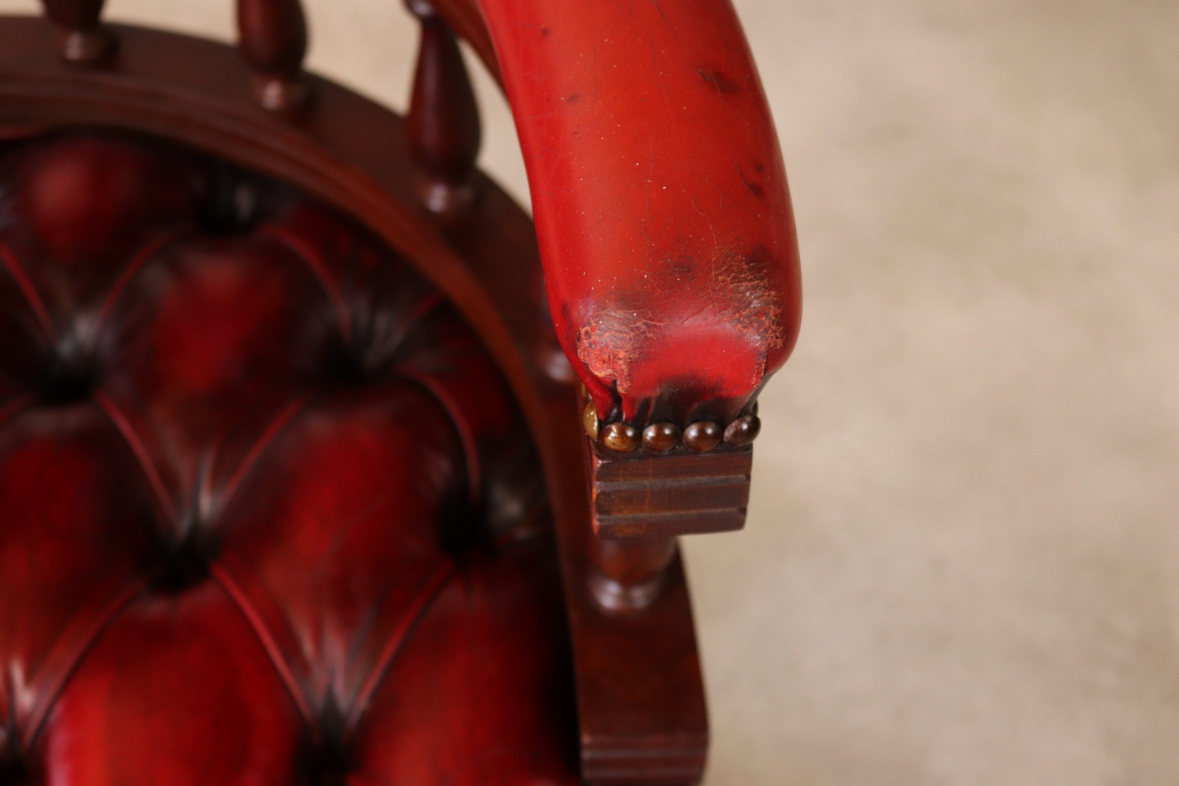 Vintage Red Leather Chesterfield Captains Chair Swivel Office Desk Chair