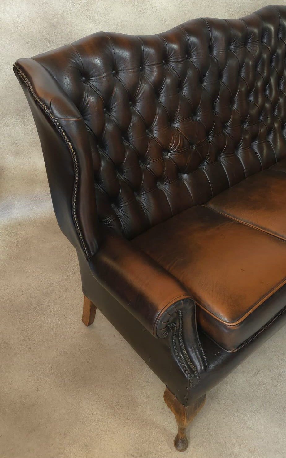 Vintage Queen Anne Style High Back Brown Leather Chesterfield Sofa