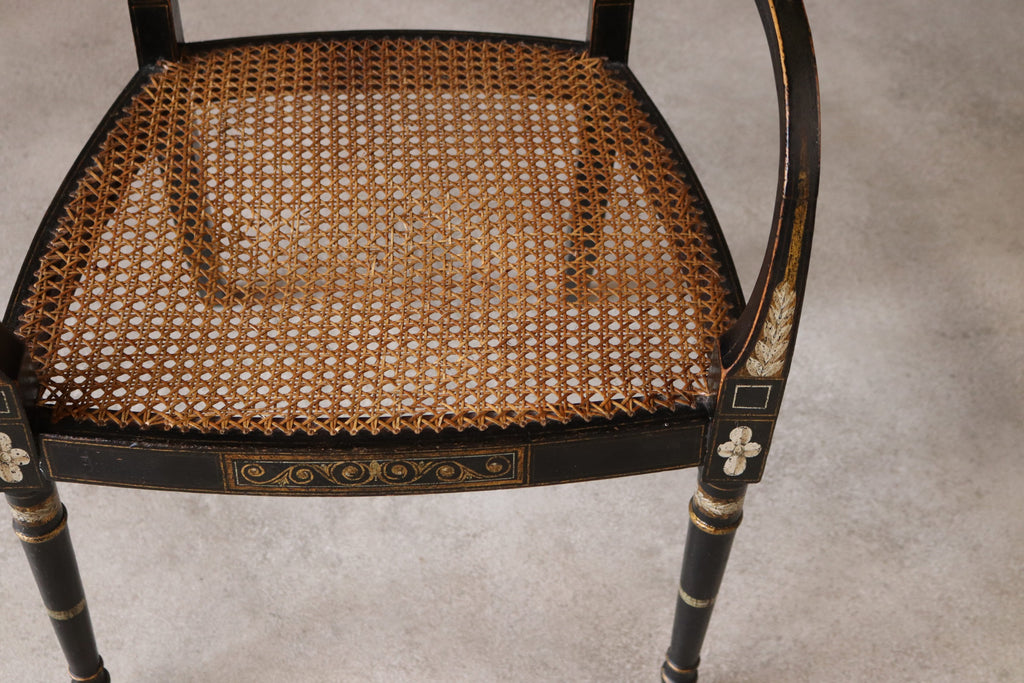 Antique Regency Ebonised parcel-Gilt Painted Elbow Chair Cane Seat Armchair