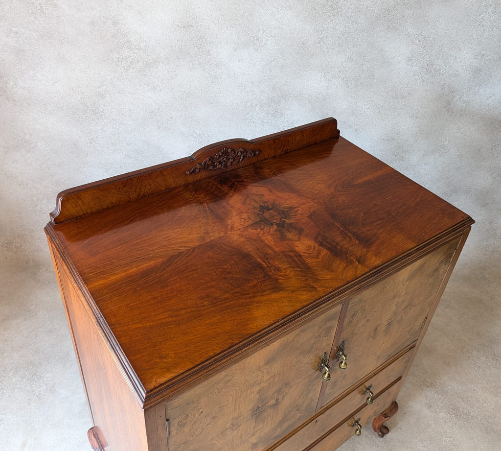 Vintage Art Deco Burr Walnut Linen Cupboard Queen Anne Style Tallboy 1930s