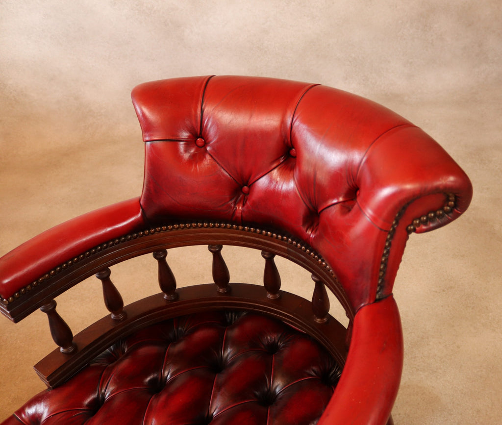 Vintage Red Leather Chesterfield Captains Chair Swivel Office Desk Chair