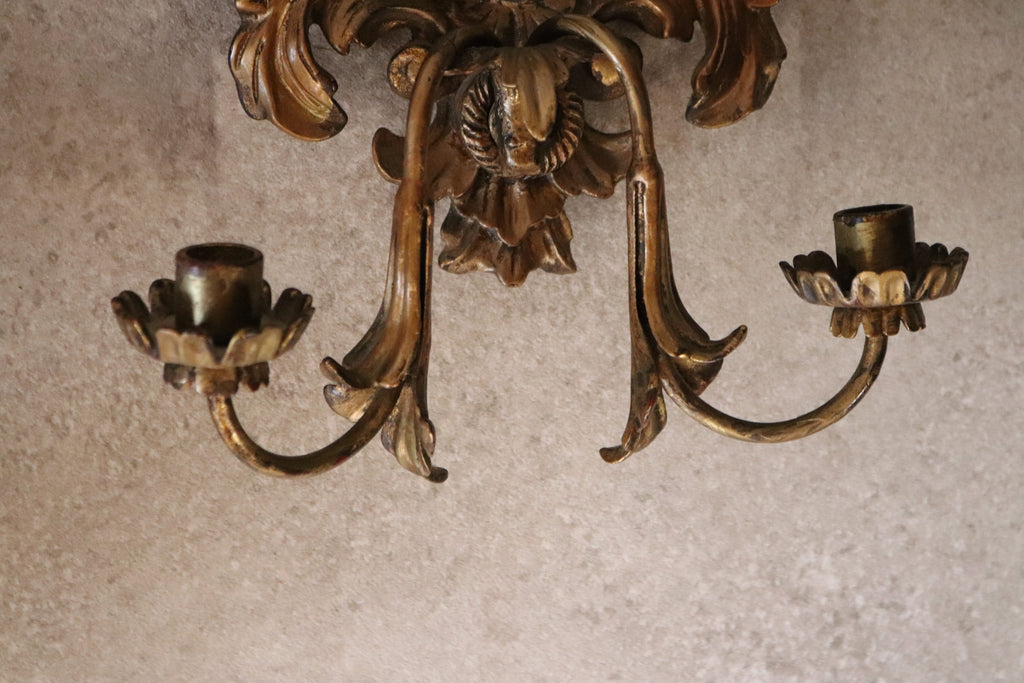 Pair Vintage Rococo Style Ornate Gilt Wall Sconce Mirrors Carved Wood Girandole