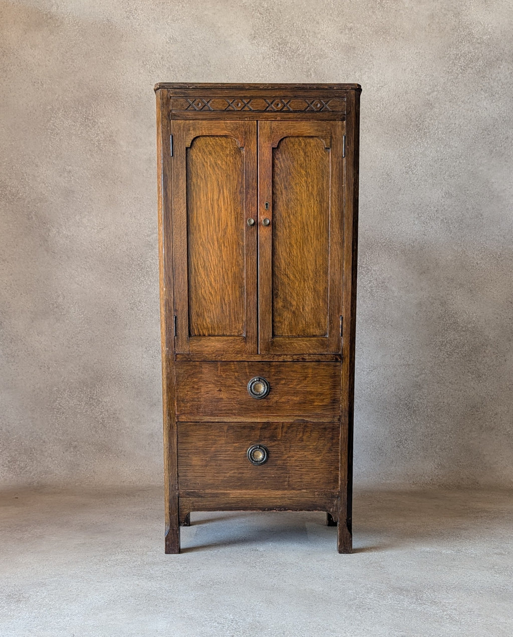 Vintage Oak Hall Cupboard 1930s Jacobean Revival Cupboard Compact Oak Cabinet