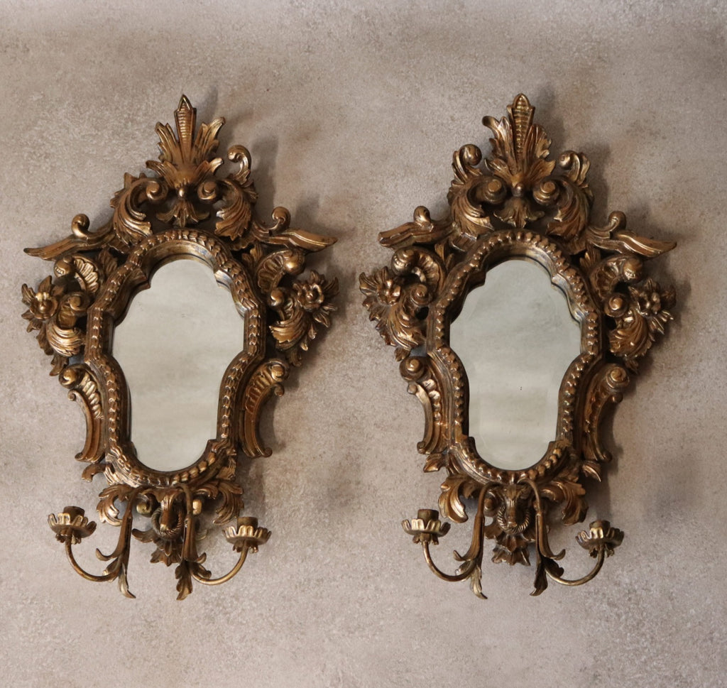 Pair Vintage Rococo Style Ornate Gilt Wall Sconce Mirrors Carved Wood Girandole